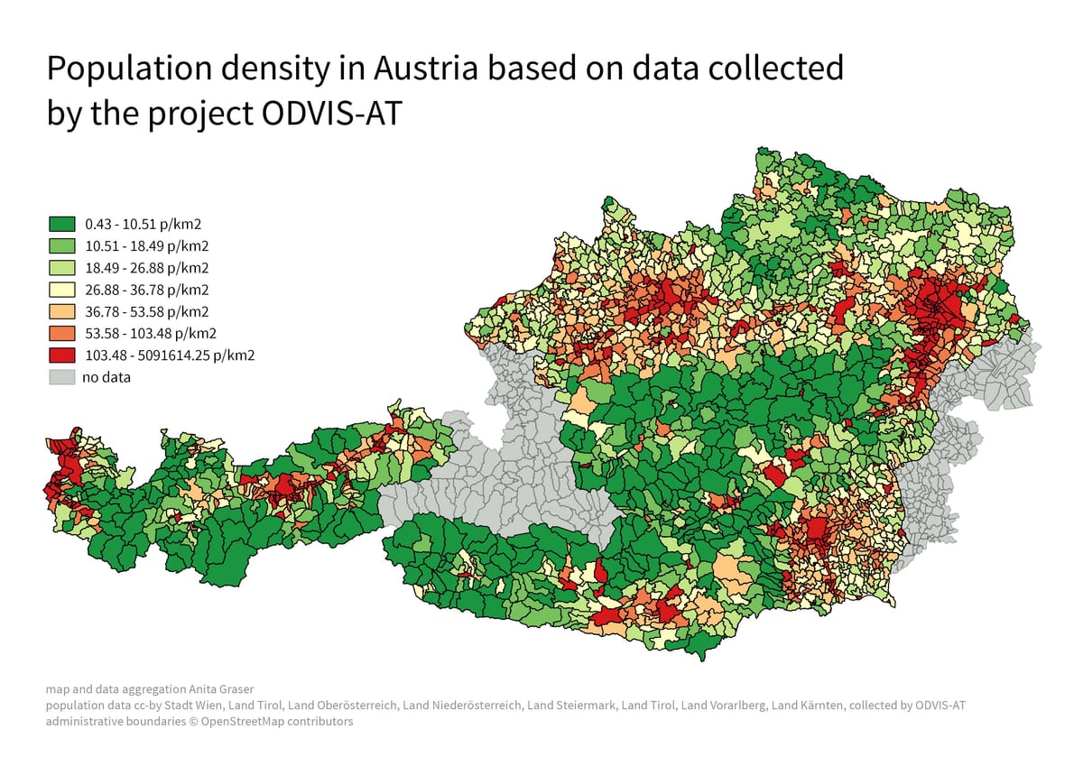 Austrija kartu gustoće stanovništva 