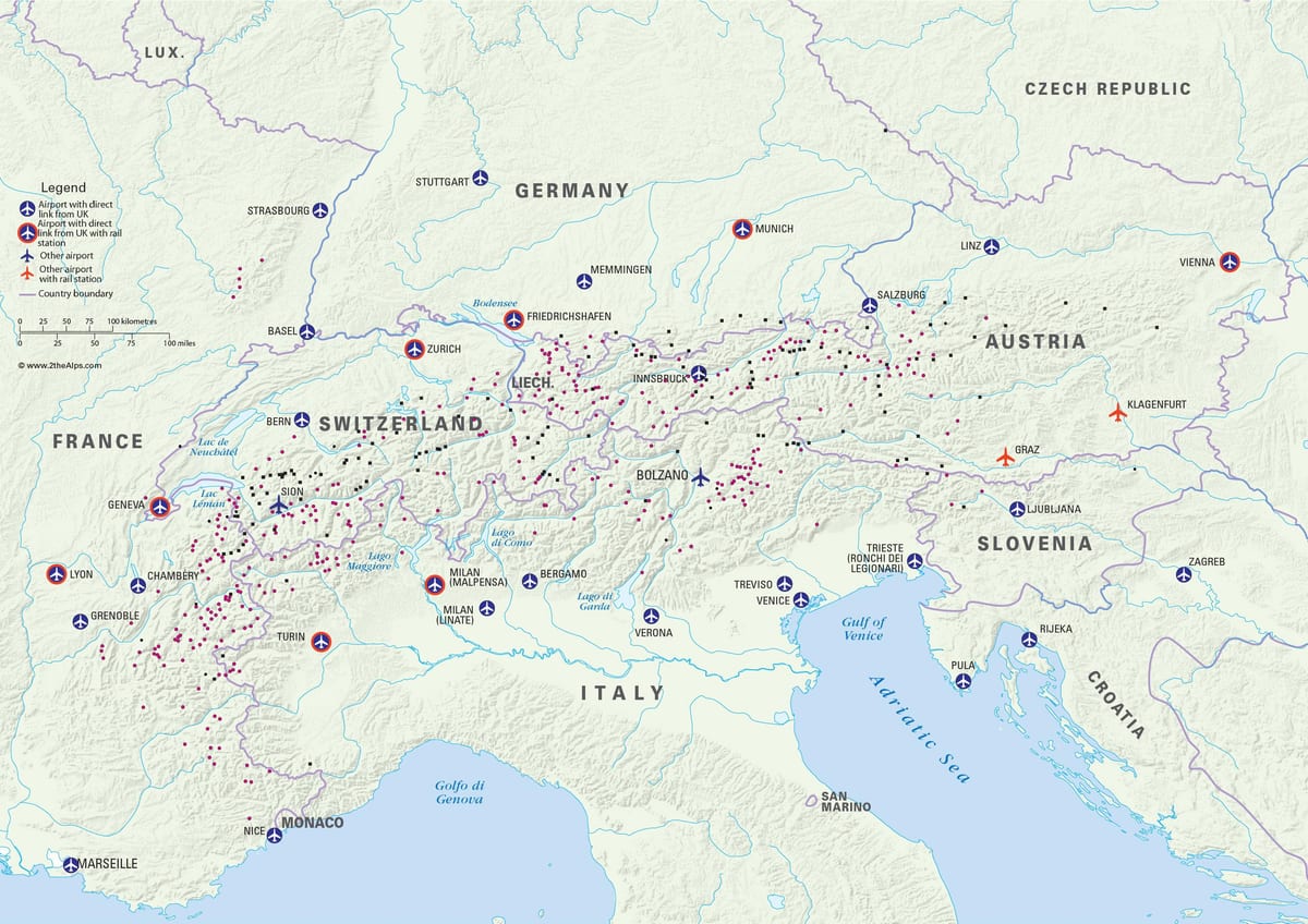 karta Austrije skijališta, zračne luke