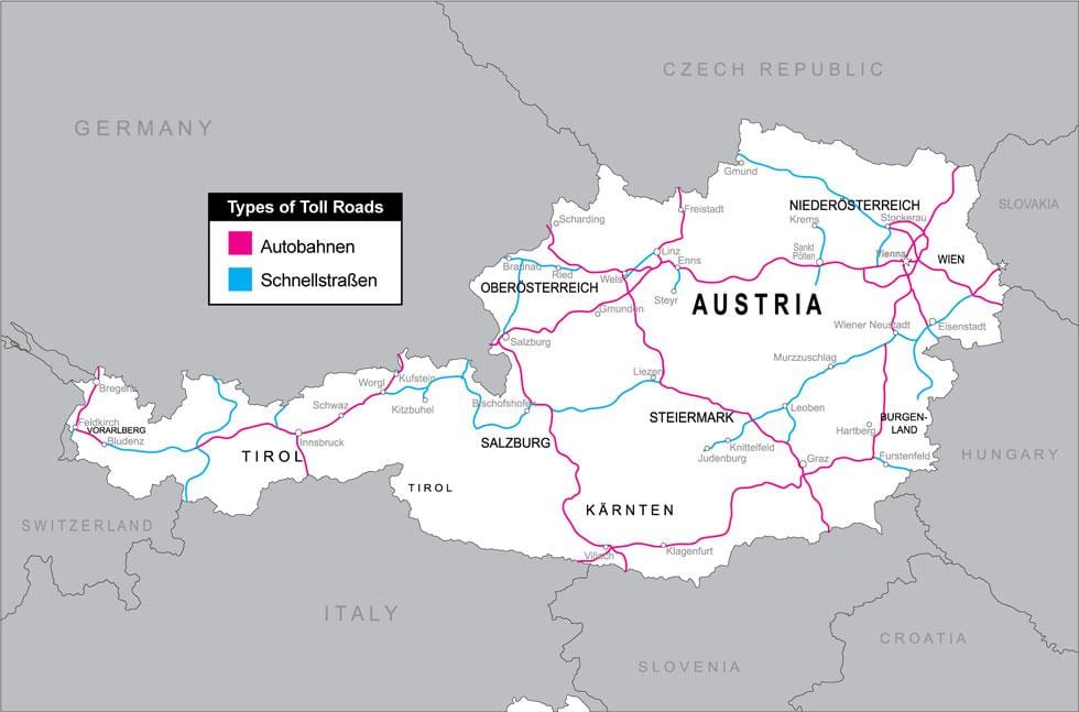 cesta s naplatom cestarine u Austriji na karti